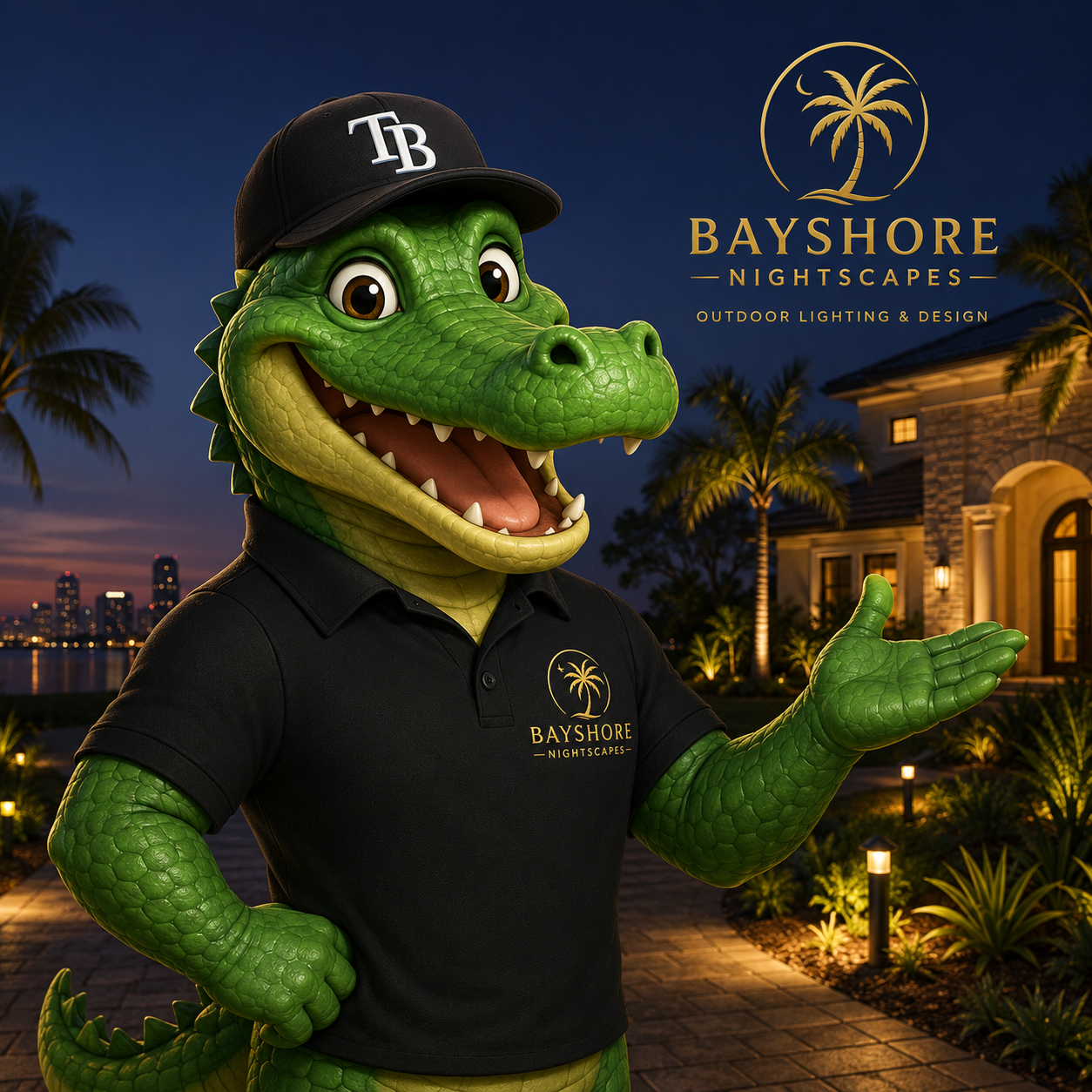 Chomp, the Bayshore Nightscapes alligator mascot, in front of a Tampa home lit with warm landscape lighting